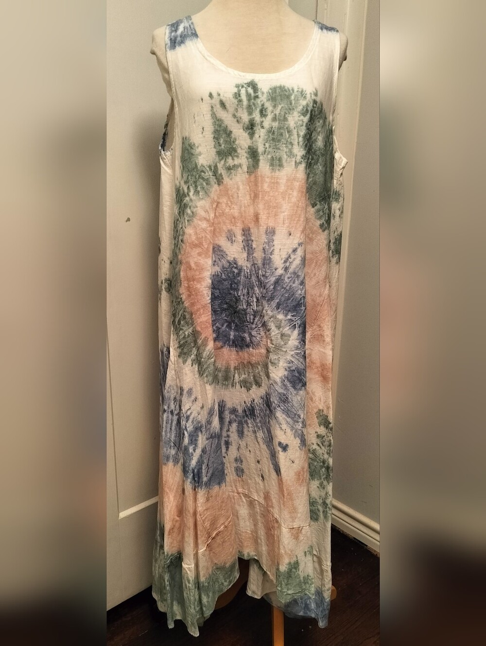 Washable Linen Tie-Dye Maxi Dress in White, Peach, Blue & Green
